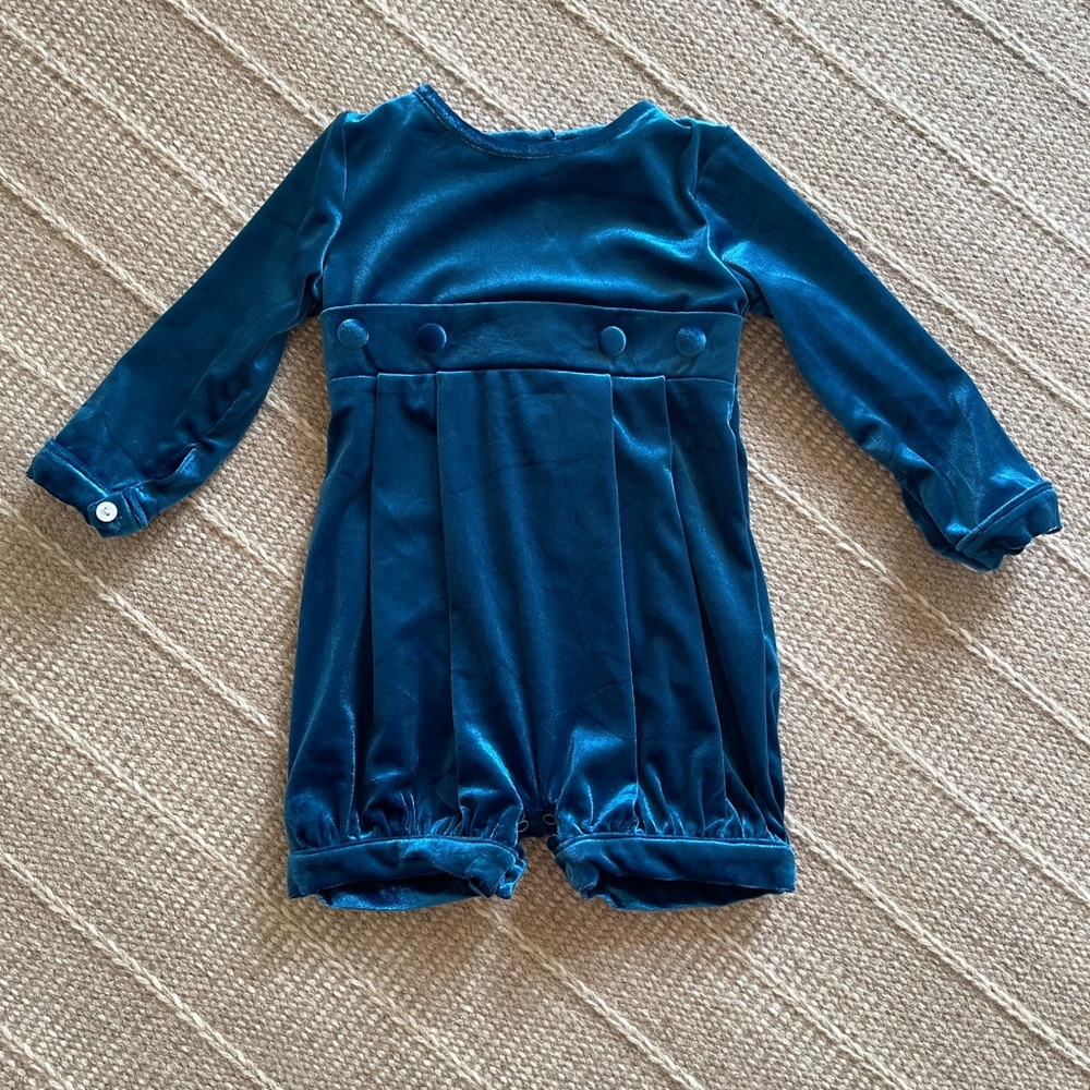 Like New Elfie London Blue Velvet Romper Sz 18M